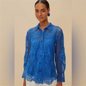 Farm Rio: Blue Landscape Guipure Collared Shirt